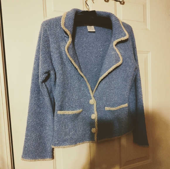 🔹🪻🔹Divine Vtg French Blue Periwinkle & Cream Plush Boucle Sweater Blazer - M - Picture 5 of 14